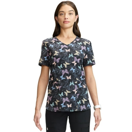 Scrubstar Women's and Women’s Plus Butterfly Print V-Neck Scrub Top, Sizes S-3XL