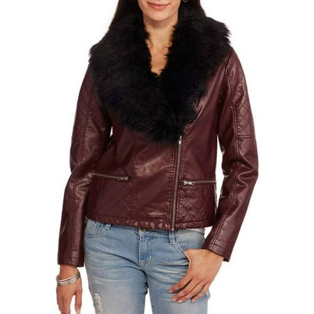 Maxwell Studio Women's Faux Leather Moto Jacket With Removable Fur Collar