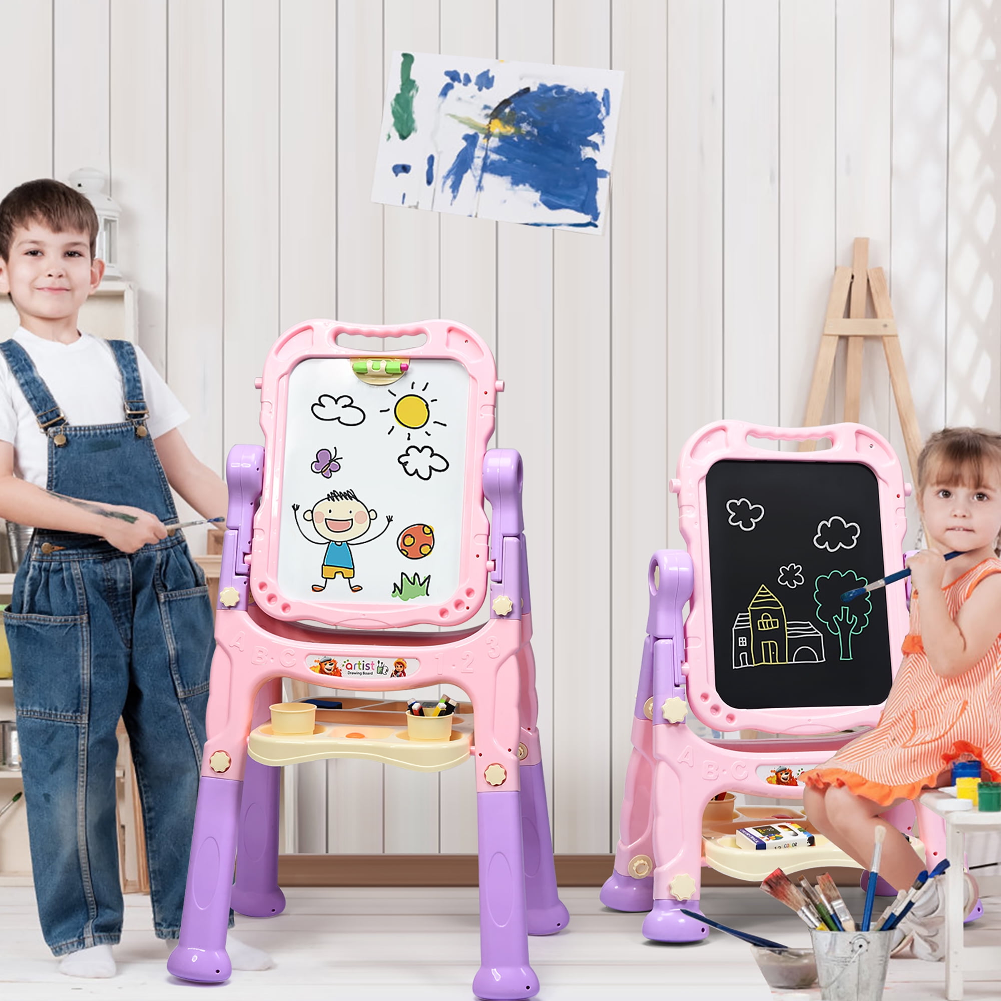 Black Height Adjustable & 360°Rotating with Bonus Magnetic Letters and Numbers Hereinway Kids Art Easel U-Stand Whiteboard&Chalkboard Double Sided Stand 