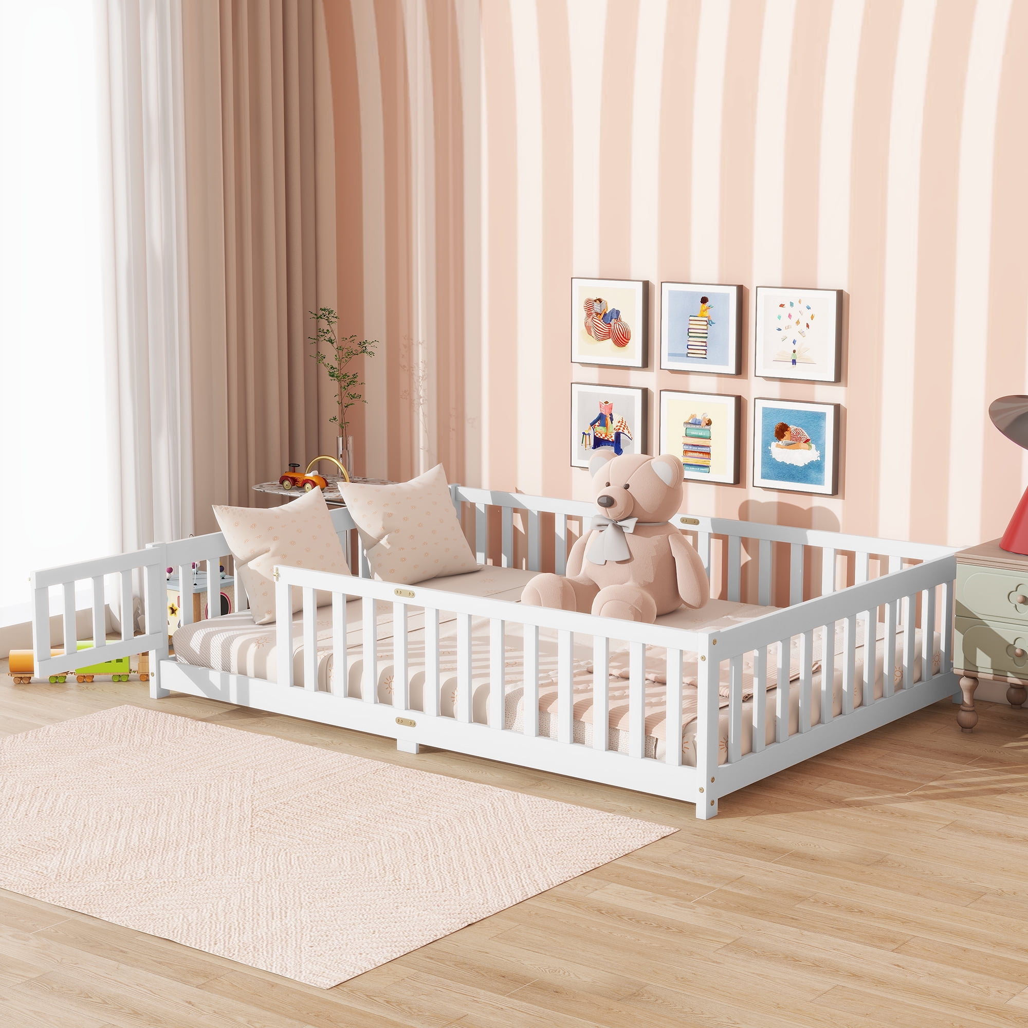 Sailvan Full Floor Bed with Fence and Door, Solid Rubber Wood Kids Platform Bed Frame White