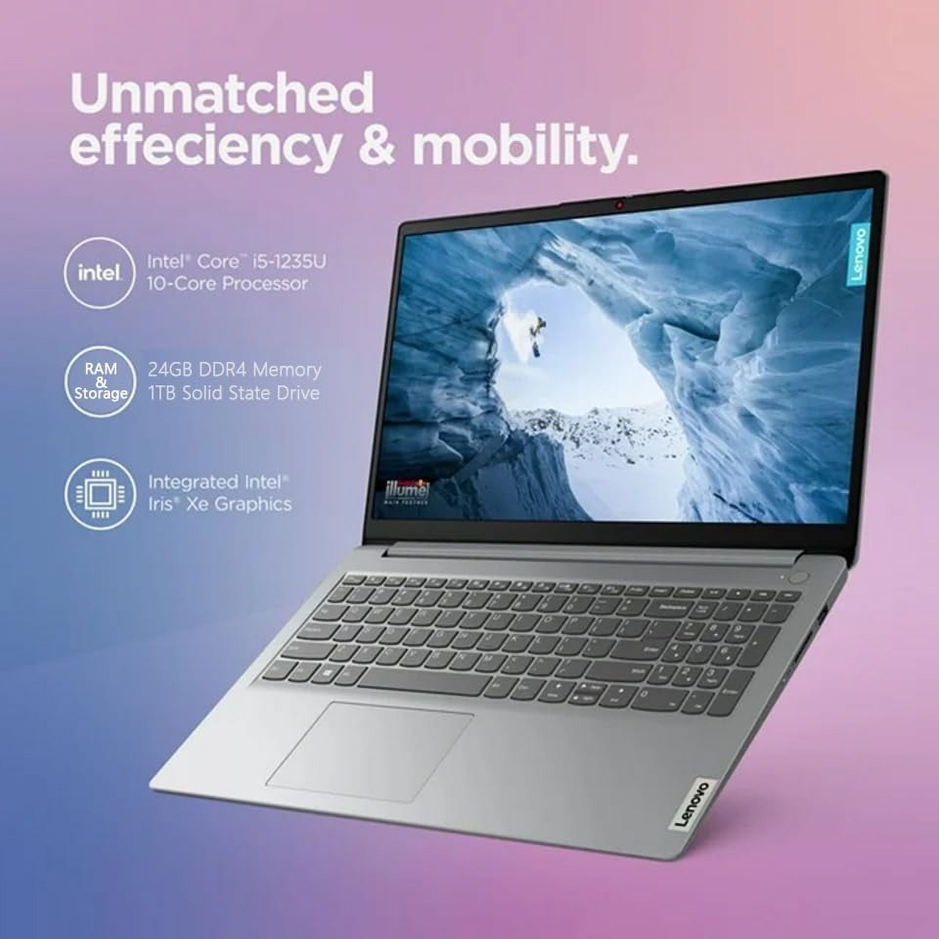 Lenovo 15.6" Laptop, IdeaPad 1i, 15.6" FHD Anti-Glare Display, 12th Gen Intel Core i5-1235U 10-core, 24GB RAM, 1TB SSD, Intel Iris Xe Graphics, Bluetooth, Wi-Fi, Windows 11, Cloud Grey