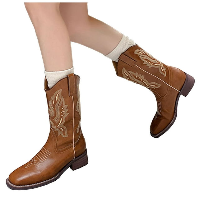 Womens Embroidered Cowboy Riding Boots Classic Leather Square Toe Wide Mid Calf Pull on Cowgirl Booties