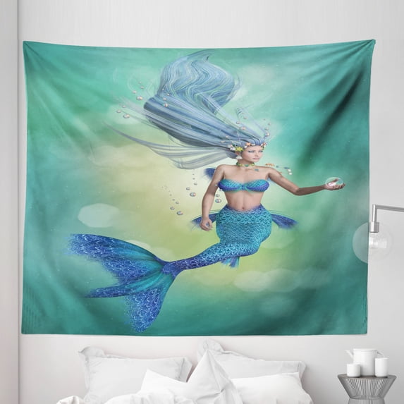 Cartoon Tapestry, Mermaid Upper Body of a Woman and the Tail of Fish for Swimming Marine Life, Fabric Wall Hanging Decor for Bedroom Living Room Dorm, 5 Sizes, Teal Pale Blue, by Ambesonne