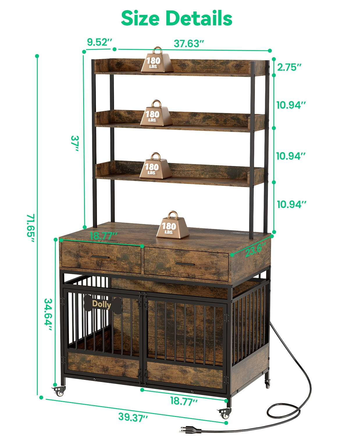 Behost 39" Dog Crate Kennel Cage Furniture for Large Dogs with 3-Tier Storage and Lockable Wheels LED Light Rustic Brown