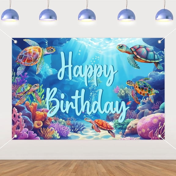 PINUO Green Turtle Happy Birthday Party Photography Backdrop with Drawstring Bag, 7x5FT Cartoon Background Photo Booth Banner Props for Fans Adults Birthday Baby Shower Party Decorations Supplies