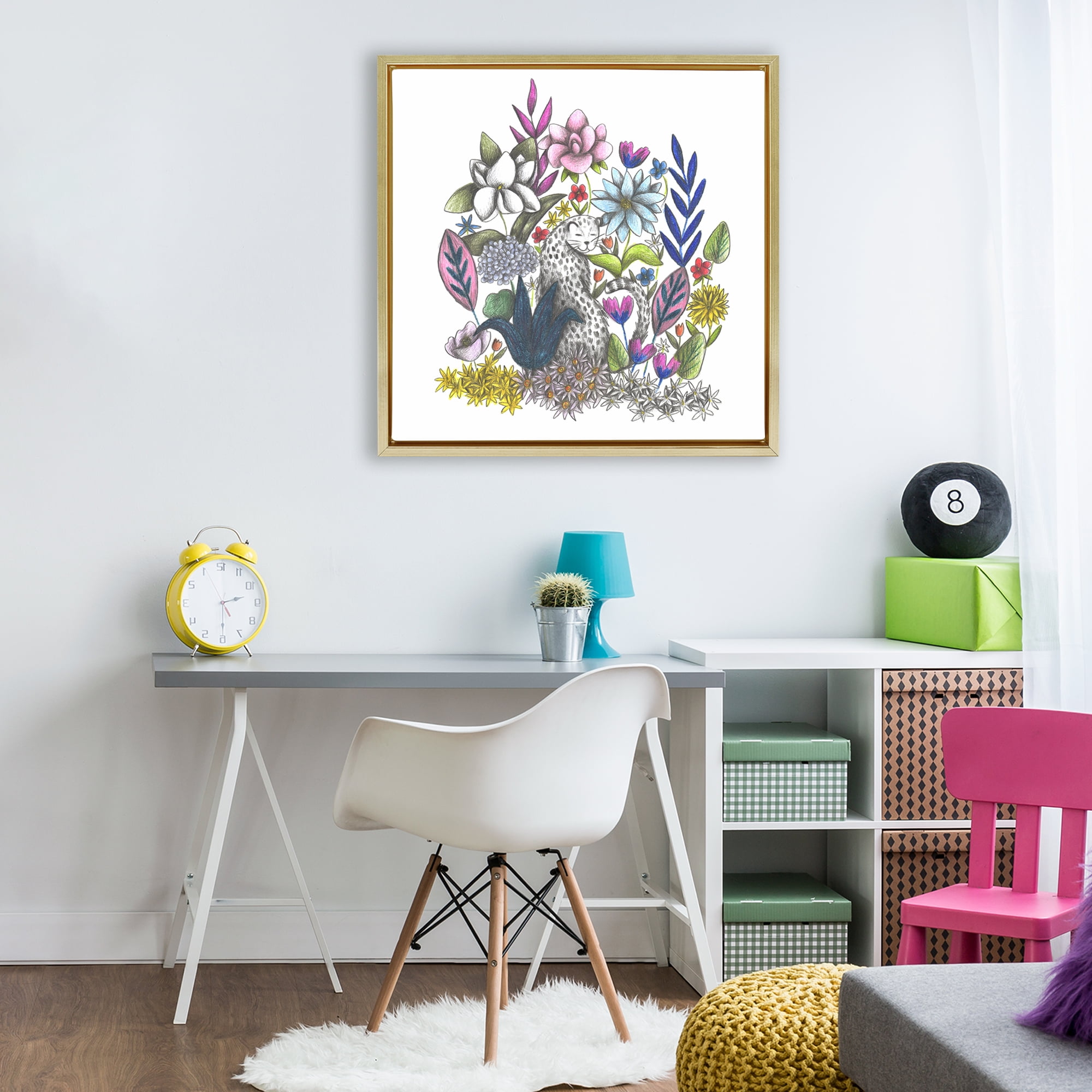 Leopard in Midst of Flowers Gold Framed Floater Canvas Wall Art, design by Cecilia Battaini