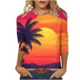 thumbnail image 3 of BiZtdJrK Women's 3/4 Sleeve Tops Casual Vacation Beach Party Shirts Summer Hawaiian Tropical Print Pullover Blouse Round Neck T-Shirt Tunic Orange M, 3 of 6