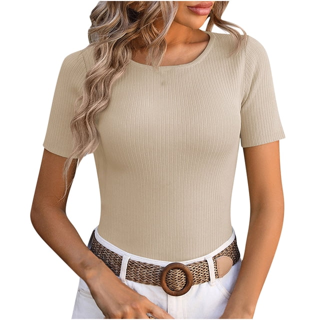 AherBiu Crop Tops for Women Crew Neck Short Sleeve Slim Ribble Knit Blouse Going out Tops for Women