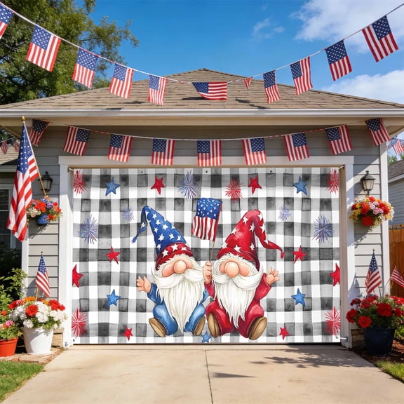 4th of July Garage Door Cover 7 x 8 ft Gnome with USA Flag Buffalo Plaid Garage Door Banner Backdrop Decorations Indoor Outdoor Large Wall Banner Decor for Holiday, Party