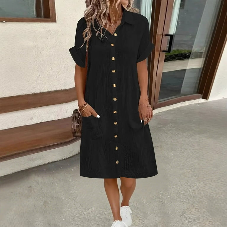 THDHVS Womens Dresses,Casual Dresses for Women,Solid Color Longline Button Down Shirt Dress Short Sleeve Open Front Light Blue THDHVS Womens Dresses,Casual Dresses for Women,Solid Color Longline Button Down Shirt Dress Short Sleeve Open Front Light Blue