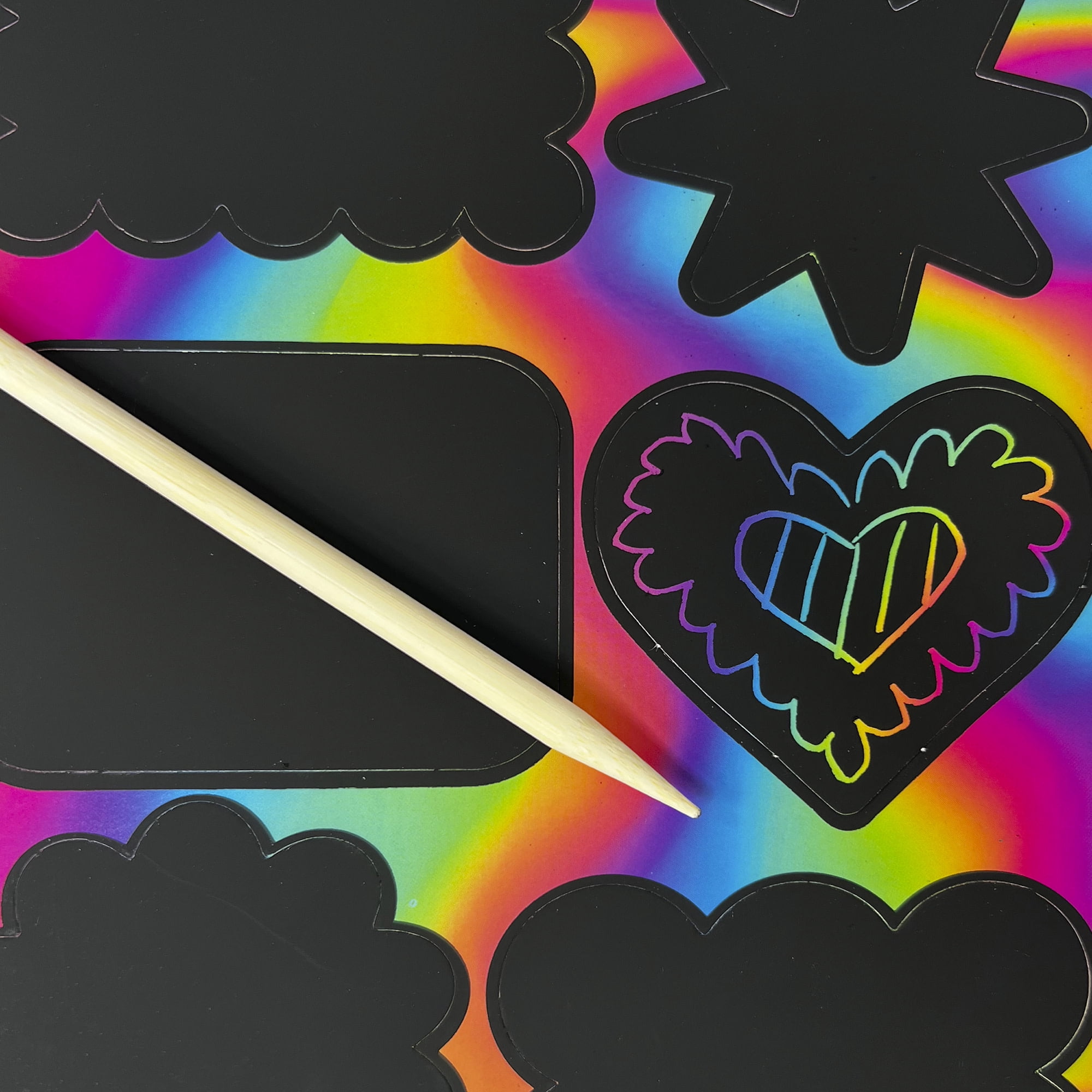 Little Yellow Bicycle: Scratch Art Kit - 4 Rainbow & 4 Sparkle Sheets, Stickers & Shapes, 4 Stencils, Scratch Tool & Brush, Travel Folder, Kid 5+