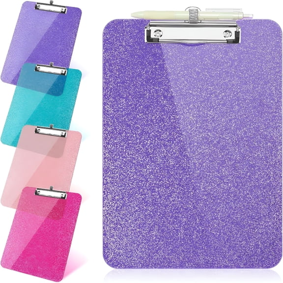 CCOCC Clear Glitter Clipboards,Plastic Clipboard with Pen Holder,Size 8.85 x 12.4 in Shiny Clipboards with Low Profile Clip,Cute Hanging Clipboard for Office School Supplies Sparkly Clipboard-Purple