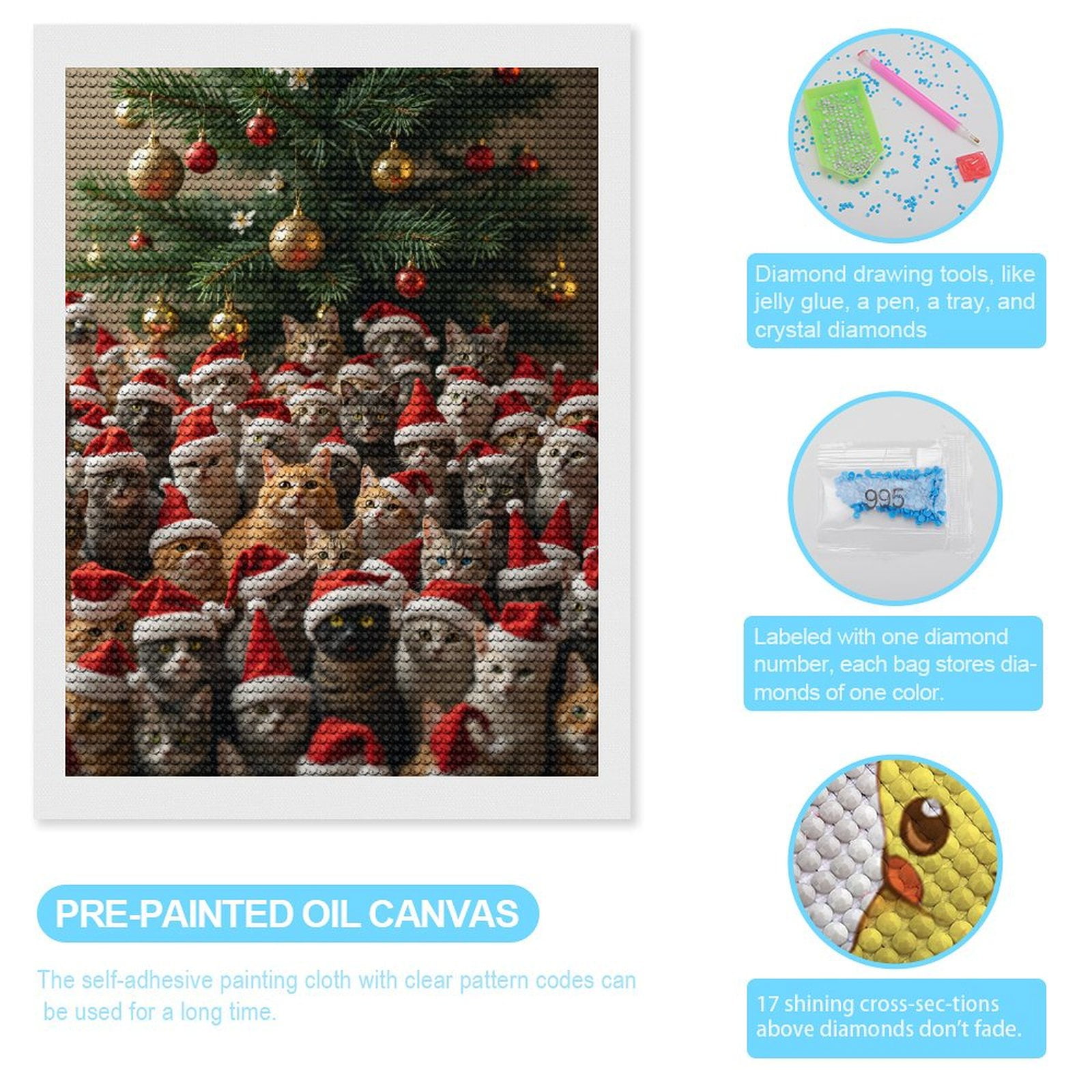 Diamond Art Kits for Adults, Cats Santa Hats Christmas Tree 5D Diamond Painting Kits for Adults Beginners, DIY Full Drill Diamond Painting, Gem Art and Crafts 12x16