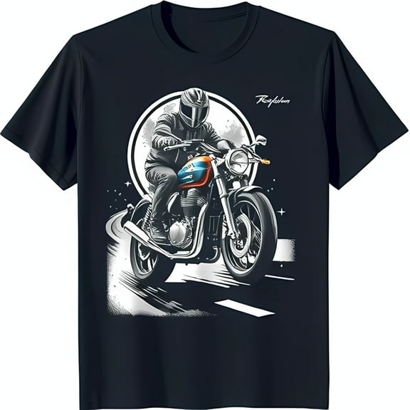 Men's Black T-Shirt with Minimalist Motorcycle Graphic Design & Full Moon