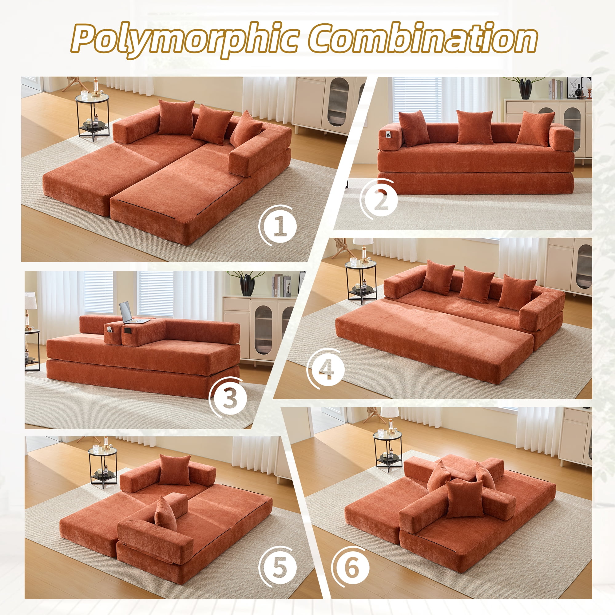 MOONMISS Chenille Upholstered Convertible Foldable Memory Foam Sleeper Sofa with Pillows for Living Room-Orange