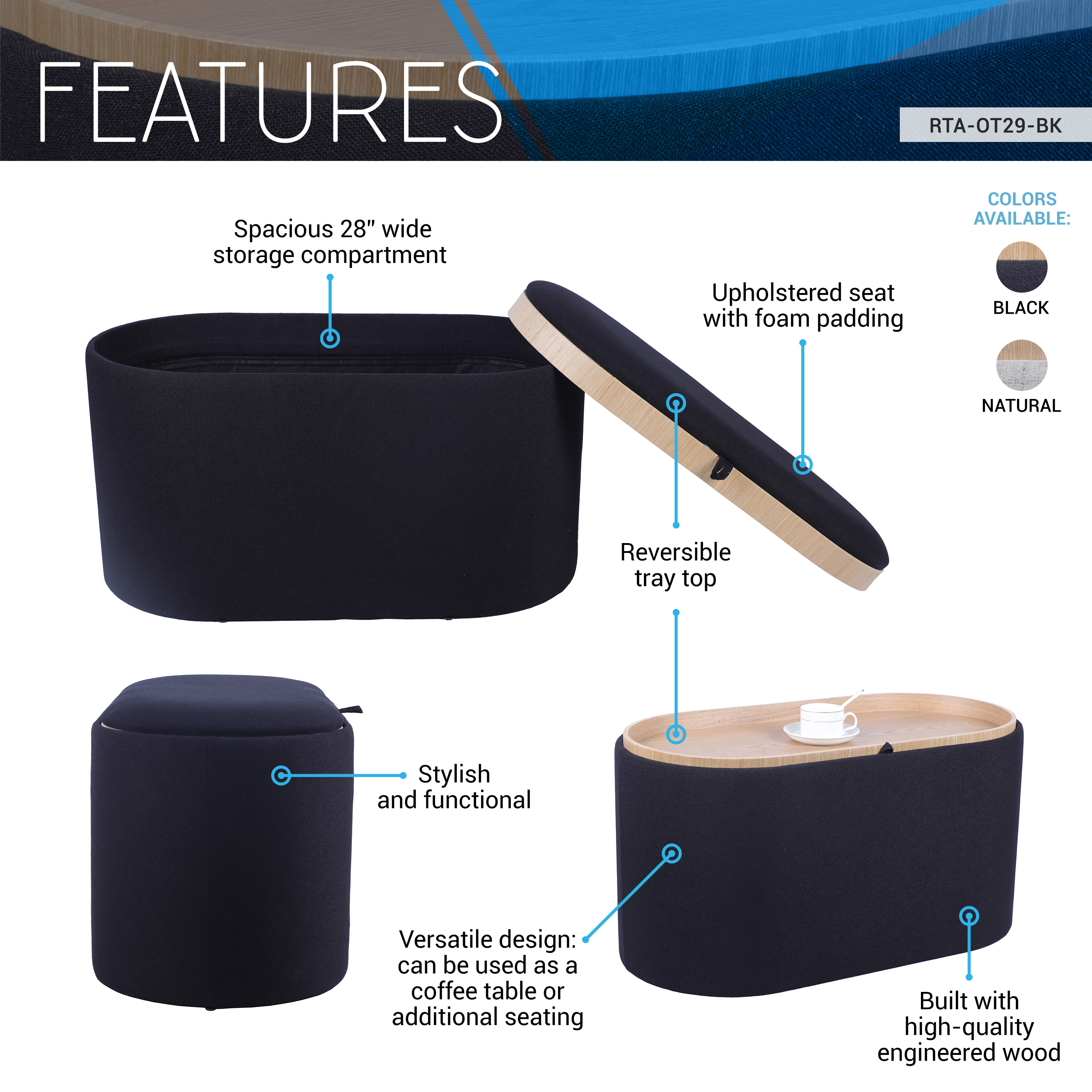 Techni Home Storage Ottoman with Reversible Tray Top, Black