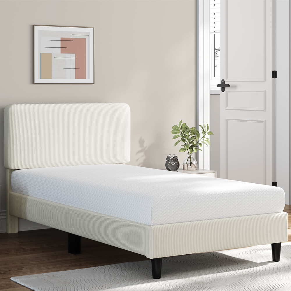 Renwick Upholstered Platform Bed with Adjustable Headboard, Twin, Beige