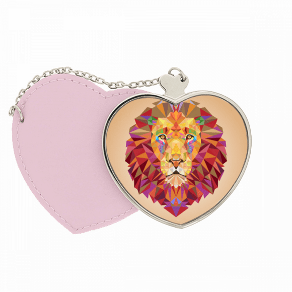 Colourful Lion Animal Box Stitching Mirror Travel Purse Makeup Heart Pink