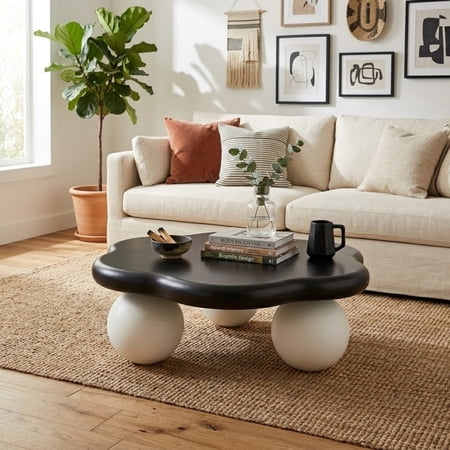 35" Cloud Shaped Coffee Table, Petal-Shaped Modern Minimalist Coffee Table with Spherical Legs, Kid & Pet Friendly Space Saving Center Table Tea Table for Small Apartment
