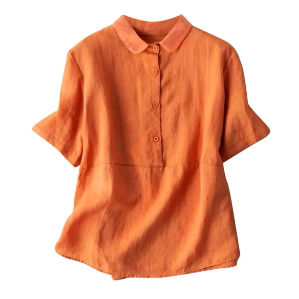 Camisa de mujer de lino con botones, manga corta y cuello redondo, top informal de algodón mezclado para la oficina, corte ajustado, temporada otoño, tallas M-XXXL