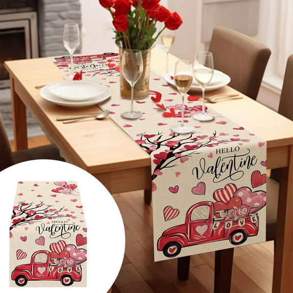 Valentine Table Runner Decorations Valentines Day Table Runner Truck Hearts Tree Wedding Anniversary Decoration for Home Dinner Kitchen Valentine's Day Table Decoration