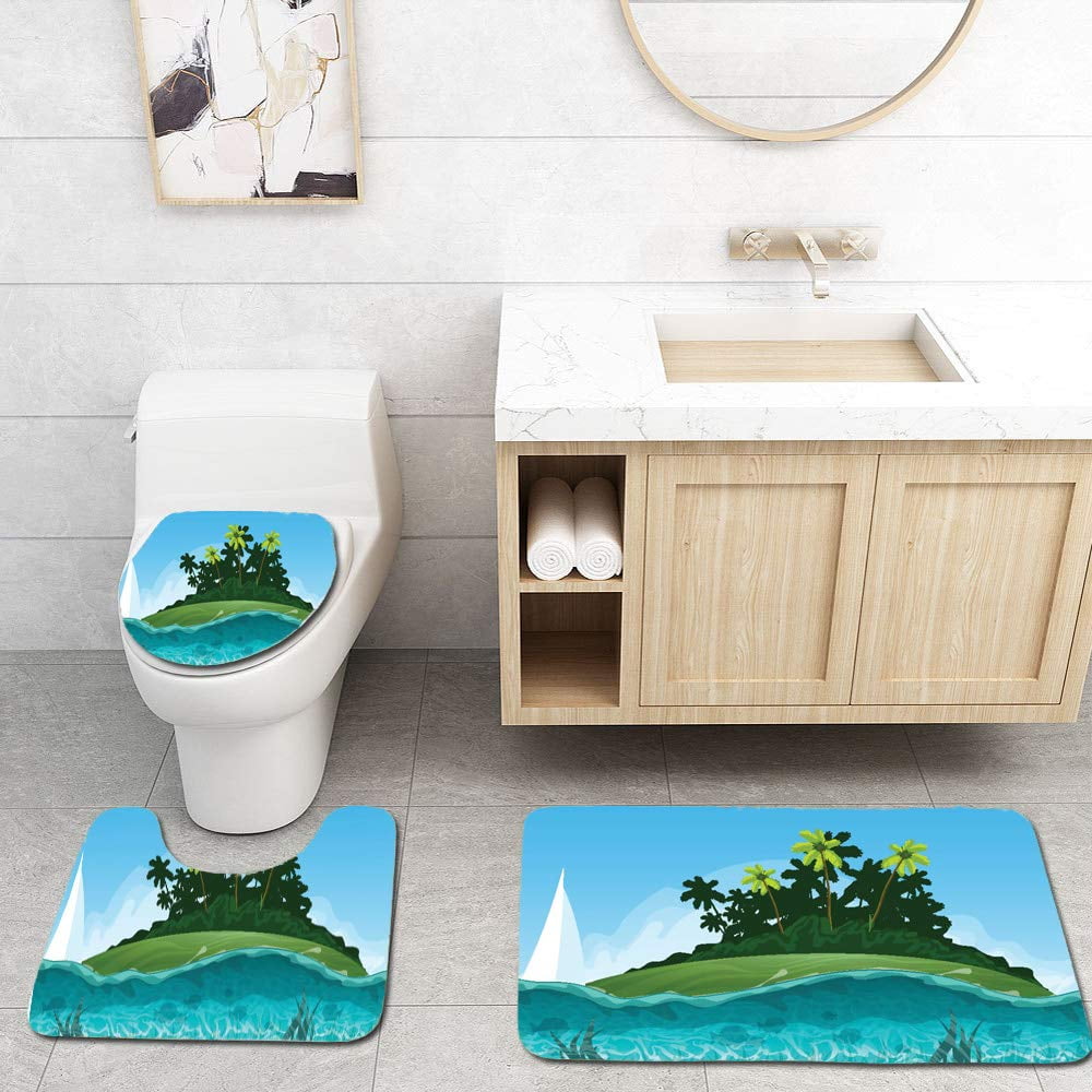 Details about   Coconut Palm Beach Shower Curtain Toilet Cover Rug Mat Contour Rug Set 