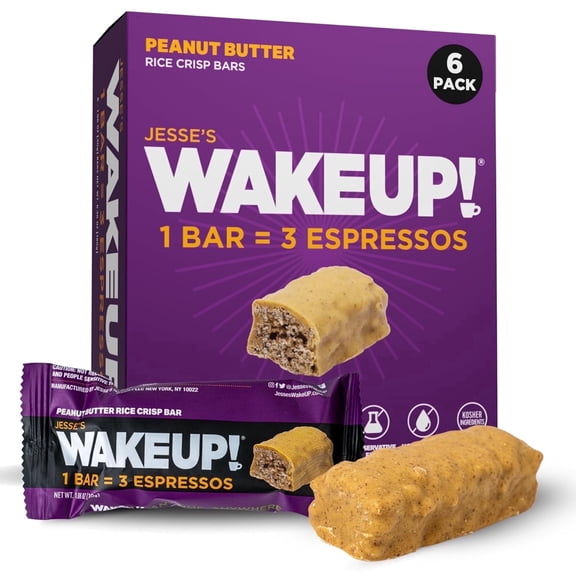 WAKE UP! Caffeinated Peanut Butter Protein Bars - Proprietary Blend with 350mg Natural Caffeine (1 Bar = 3 Espressos) – Gluten-Free, Vegetarian, Kosher – Energy Snack for Focus & Clarity – 6 Pack