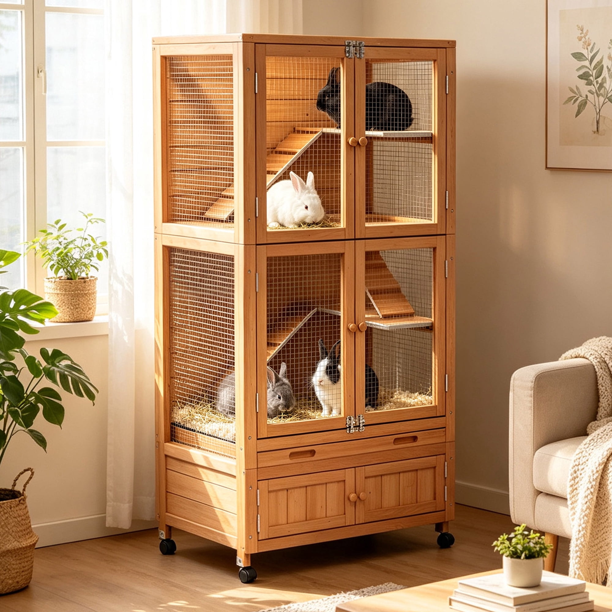 Wooden Large Bunny Hutch 4 Levels Guinea Pig Cages Hamster House with Wheels and Storage for Indoor