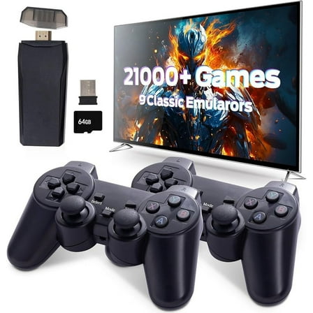 Retrostick Video Play Stick - Built-in 20000  Plays (with Memory Card), Nostalgia Mini Video Play Machine, Amazing Emulation Quality with 4K Output   2X 2.4G Wireless Controllers(64G)