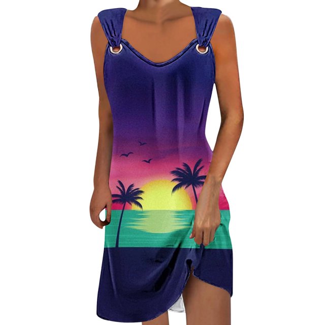 Pisexur Robes d'Été pour Femmes Décontractées Hawaïennes à Fleurs Robe de Plage Col Rond Sans Manches Mode Bohème Robe de Plage à Fleurs Robe d'Été Robe Trapèze P-2TG