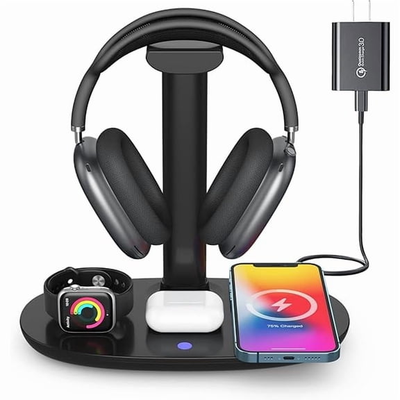 0829 Headphone Stand with 15w Wireless Charger, 4 in 1 Charging Station Headset Holder for AirPods Max/Pro/4/3/2 iWatch 10/9/8/7/6/5/4/3/2/1/SE iPhone 16/15/14/13/12/11/X for Desktop Table Game