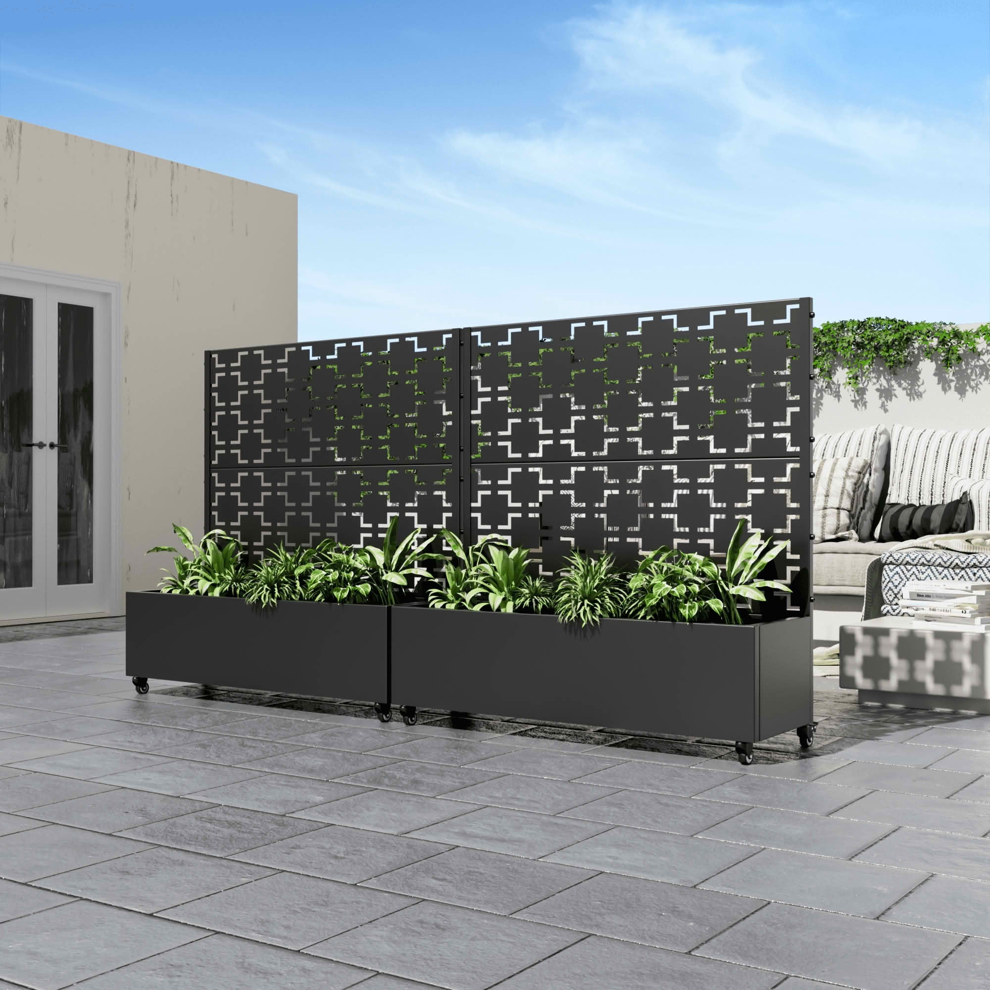 MAYEERTY 47x47x16 Inch Black Metal Planter Box with Trellis for Outdoor Garden & Patio