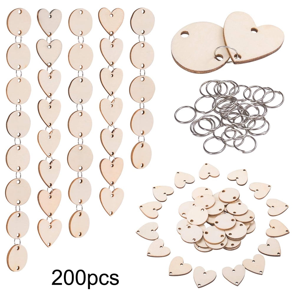 200 Pcs Wooden Circles Wooden Heart Tags Arts Crafts with Holes Rings for Birthday Boards Valentine