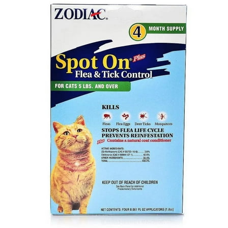 Zodiac Spot on Plus Flea & Tick Control for Cats & Kittens - Cats over 5 lbs (4 Pack)
