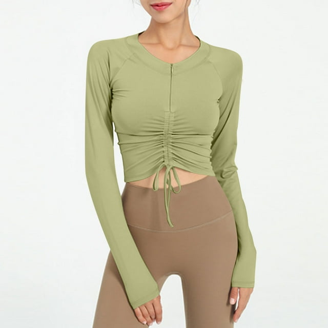 AherBiu Hauts de Yoga à Manches Longues pour Femmes Col Rond Entraînement Randonnée Course Slim Extensible Chemises Courtes Blouses