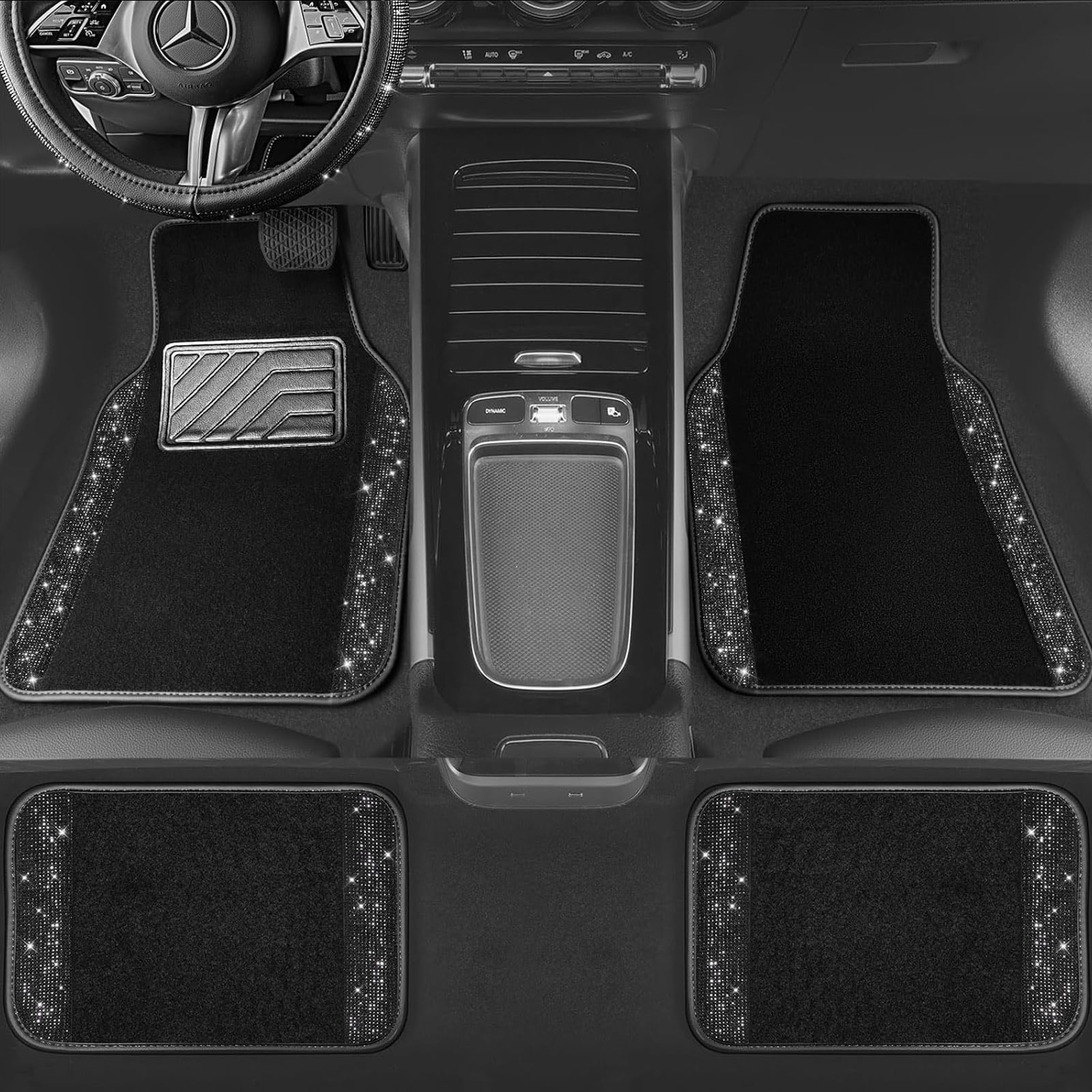 Car-Grand Bling Rhinestone Diamond car floor mats shining carpet sparkly glitter crytal with anti-slip heel waterproof universal fit cute girl women 4pcs Black