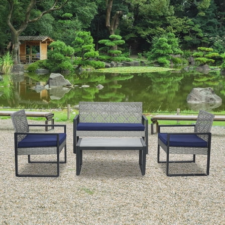 Mirightone 4-Piece Patio Furniture Set Outdoor Balcony Porch Garden Lawn Backyard Furniture Acacia Wood Table Top, Gray + Blue Cushion