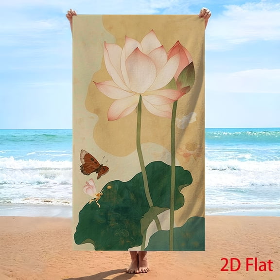 2D graphic design, 2D flat single-piece lotus beach bath towel, pink flower with green leaf butterfly pattern, soft microfiber fabric
