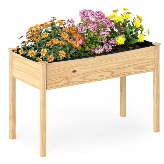 Patiojoy Pine Wood Raised Garden Bed Elevated Planter Box w/ Legs Liner Drainage Holes for Vegetables Flowers Herbs