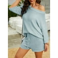 thumbnail image 4 of Women 2 Piece Outfits Sweater Sets Solid Off Shoulder Knit Suit Pullover & Shorts, 4 of 4