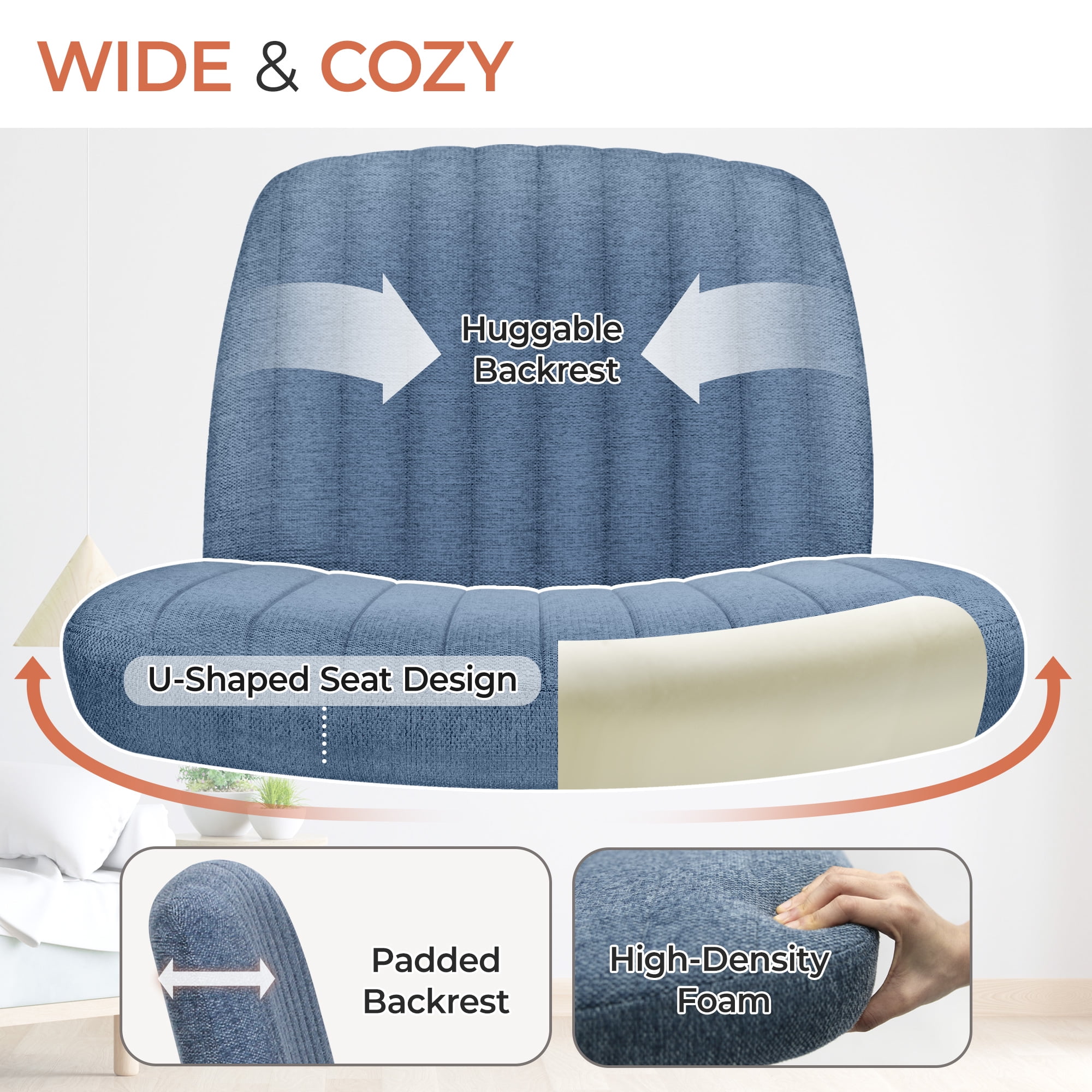 Orange Factory Criss Cross Chair No Wheel Wide Cross Legged Office Desk Vanity Chair Comfy Fabric Armless Adjustable Swivel for Home Computer Task (Blue No Wheel, Classic Fabric)