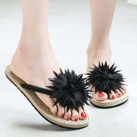 

EQWLJWE Summer Ladies Imitation Straw Flip Flops Flowers Flat Beach Flip Flops Women s Slippers Holiday Clearance