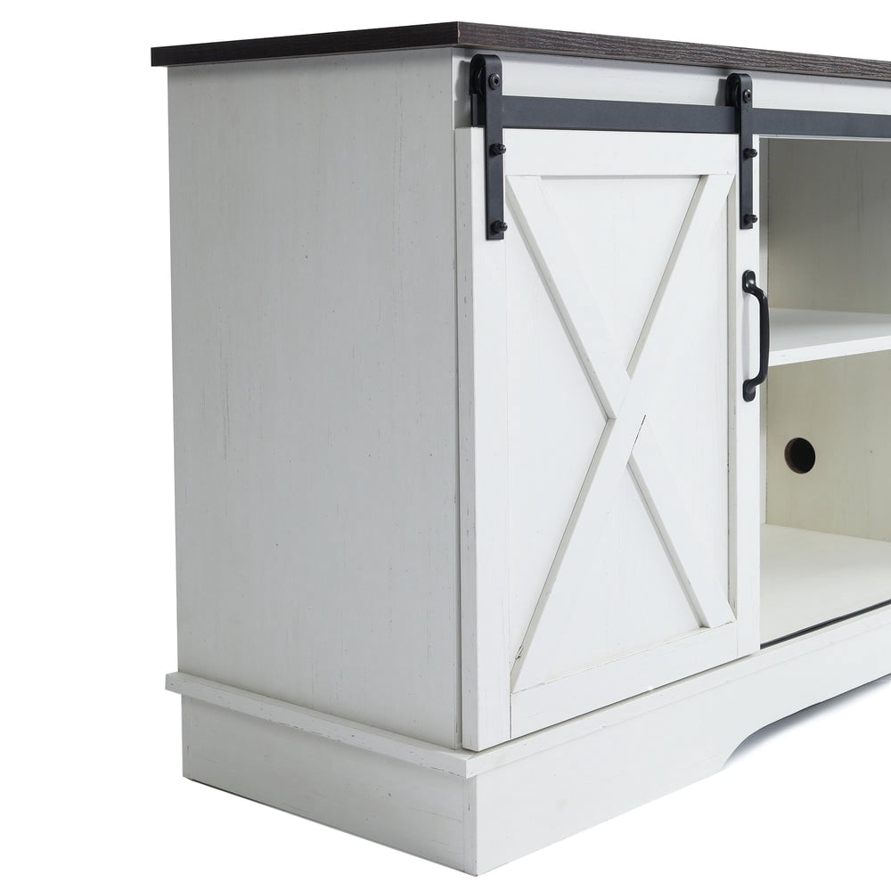 Farmhouse TV Stand for TVs Up to 65 Inch with Sliding Barn Doors and Adjustable Shelves, Vintage White/Espresso