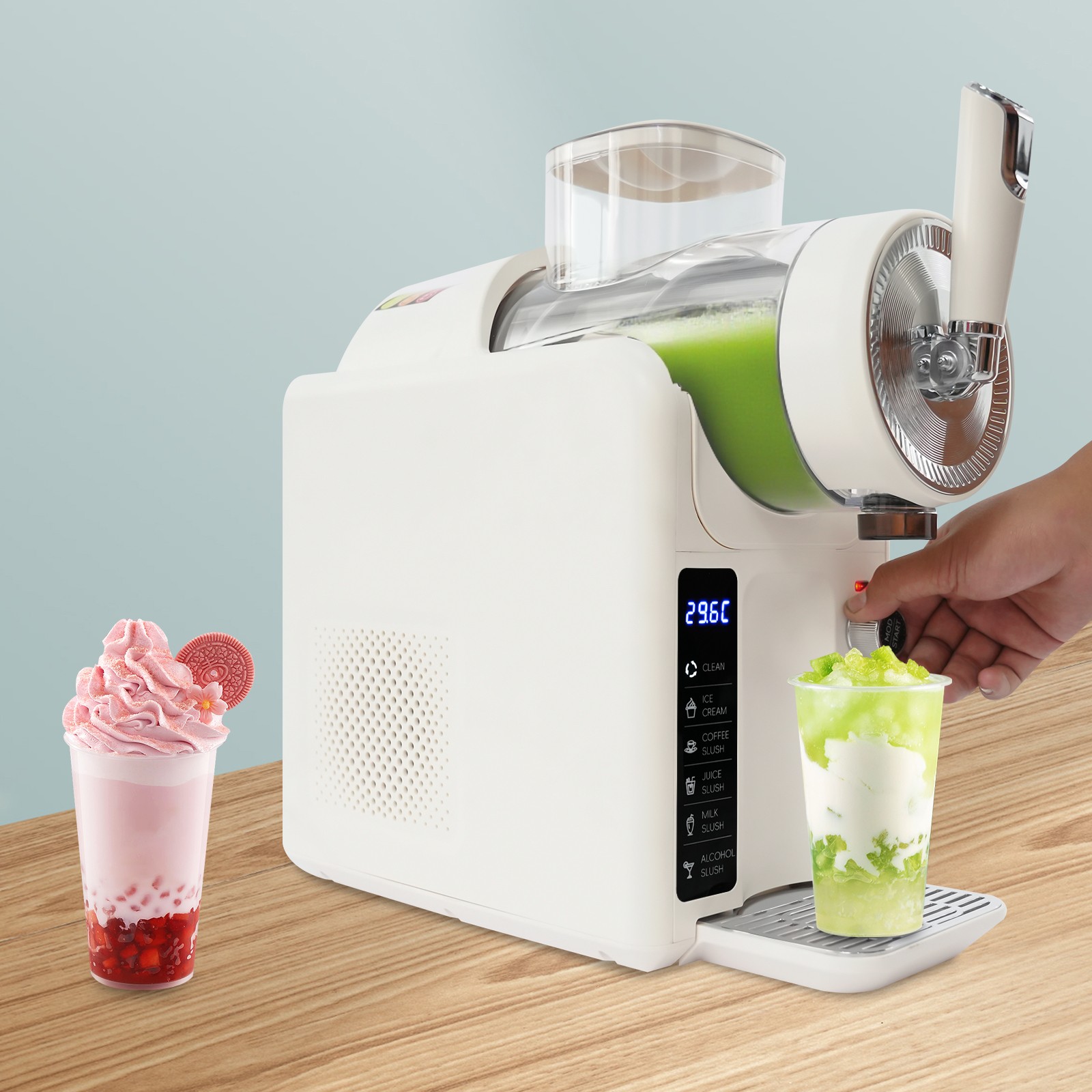 Slushie Machine, Automatic Frozen Drink Maker with 6 Modes for Slush, Ice Cream, Smoothies, Cocktails, 185W Motor, LED Display, Self-Cleaning, Includes Ice Cream Molds, Beige, 110V