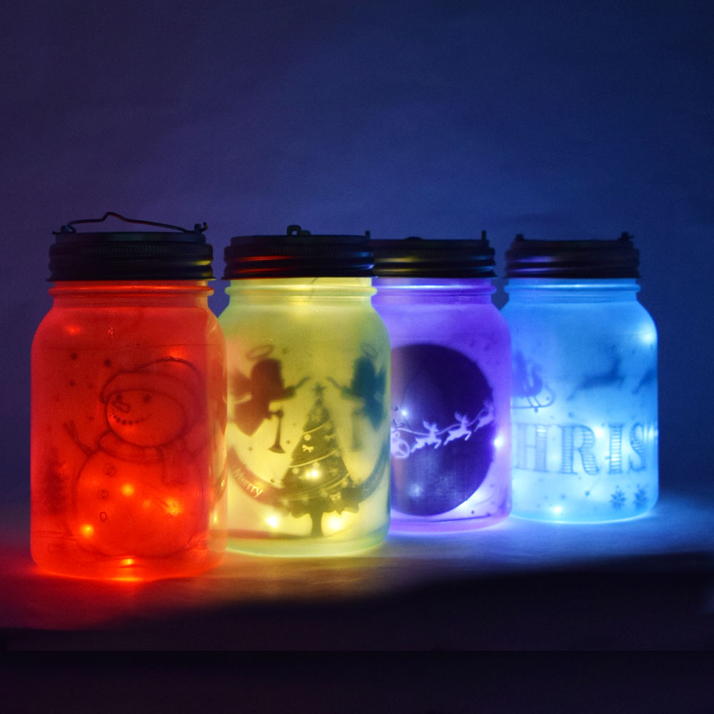 Decorative Christmas Holiday Frosted Mason Jar Luminaries Lantern Set