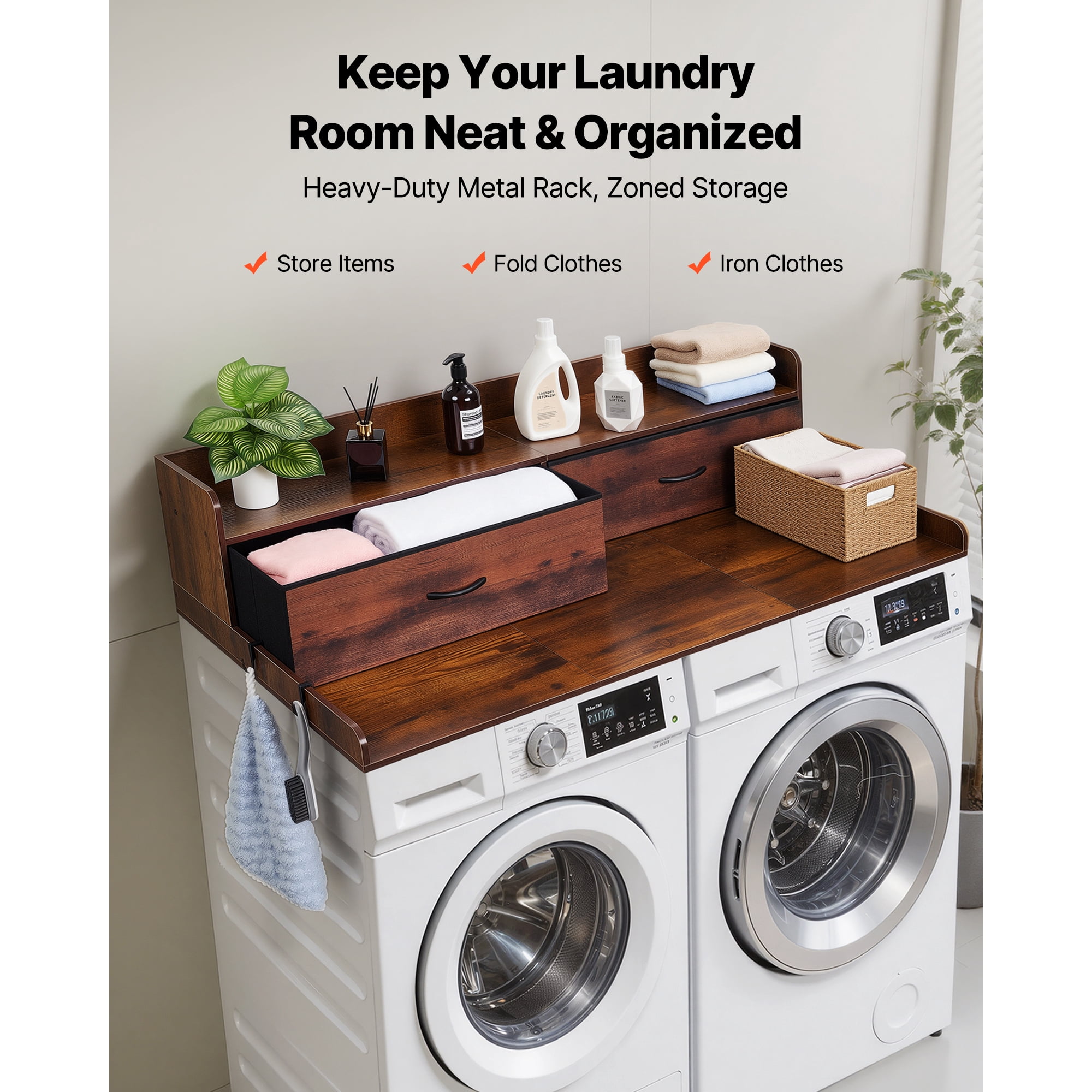 KFFKFF Wooden Washer and Dryer Countertop with Shelf, 54 x 27.5 in, Laundry Topper with 2 Drawers & 2 Hooks, Ideal for Laundry Room and Pantry Organization, Brown