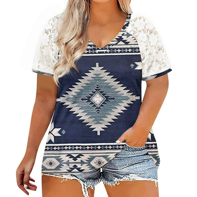 Hauts d'Été Grande Taille en Dentelle pour Femmes Blouses d'Été Patchwork Imprimé Amples Grande Taille Col en V Manches Courtes T-Shirts Col en V Femmes en Solde