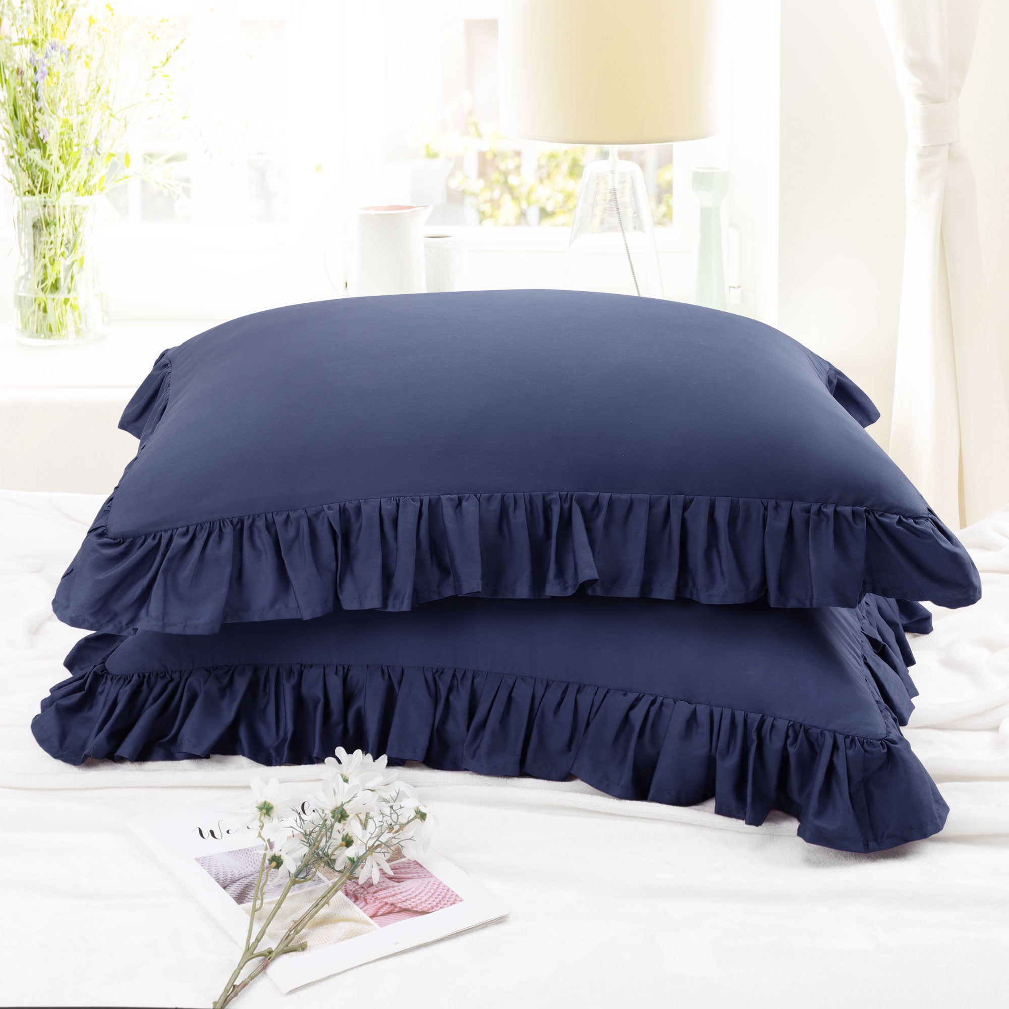 Unique Bargains 2 Pcs 100% Cotton Envelope Closure Ruffled Pillowcases Navy Blue Queen