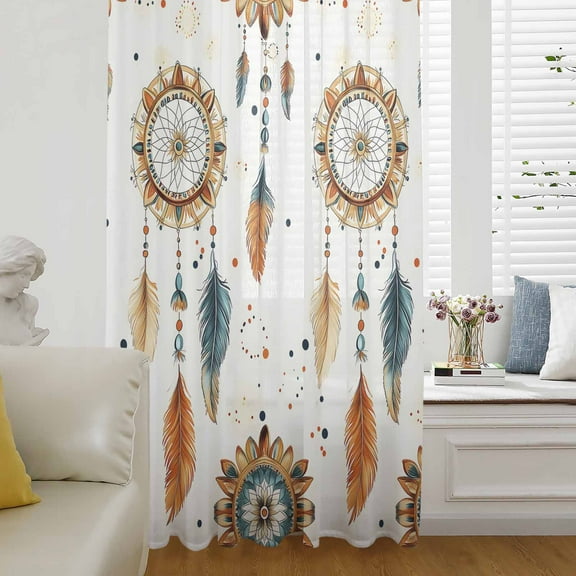 Boho Geometric Semi Sheer Curtains Drapes for Living Room,Bedroom,French Doors Window 84 Inches Long,Ethnic Feathers Patterns Retro Farmhouse Rod Pocket Chiffon Curtain Drapery Voile Draperies Panel