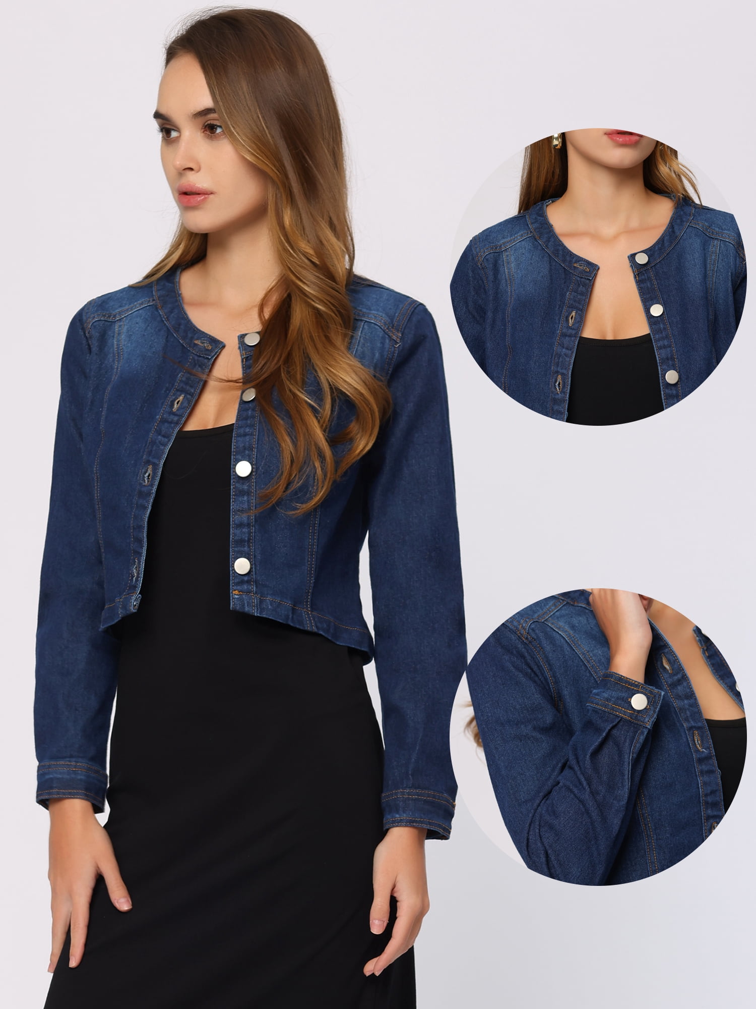 DARING DIVA Women's Collarless Button Down Long Sleeve Denim Jacket L Dark Blue